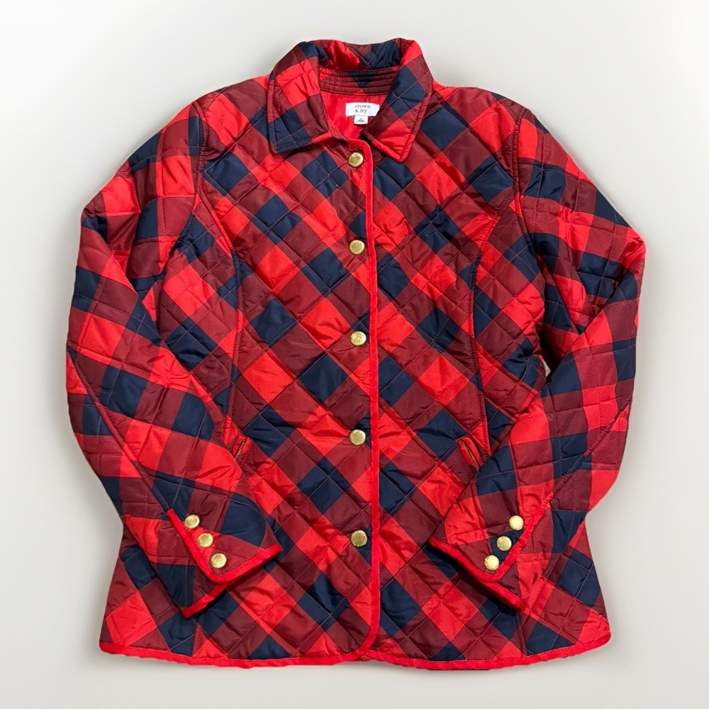 Crown & Ivy Red Black Plaid Quilted Jacket Gold Buttons Size Small
